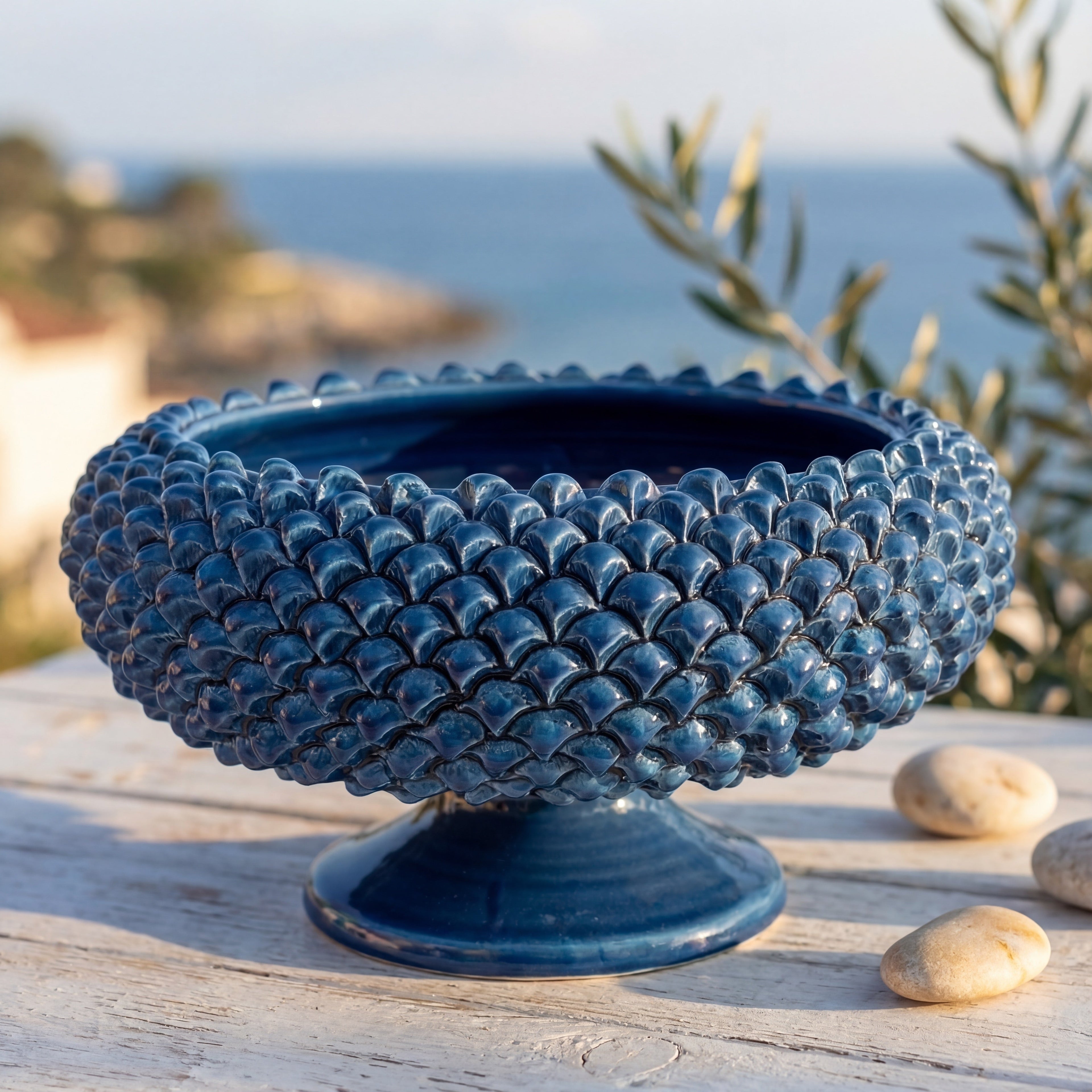Alzata a Pigna diam. 25/33 cm Blu intenso in ceramica di Caltagirone