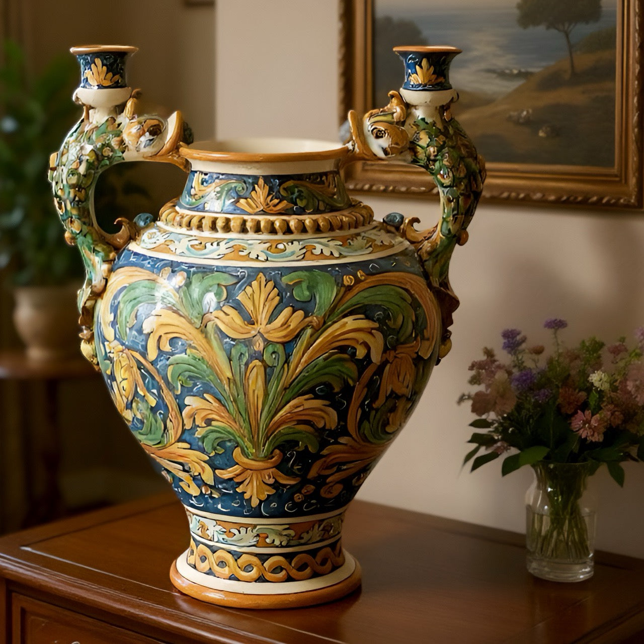 Vaso boccia h 40 c/manici pesci portacandele ornato calatino