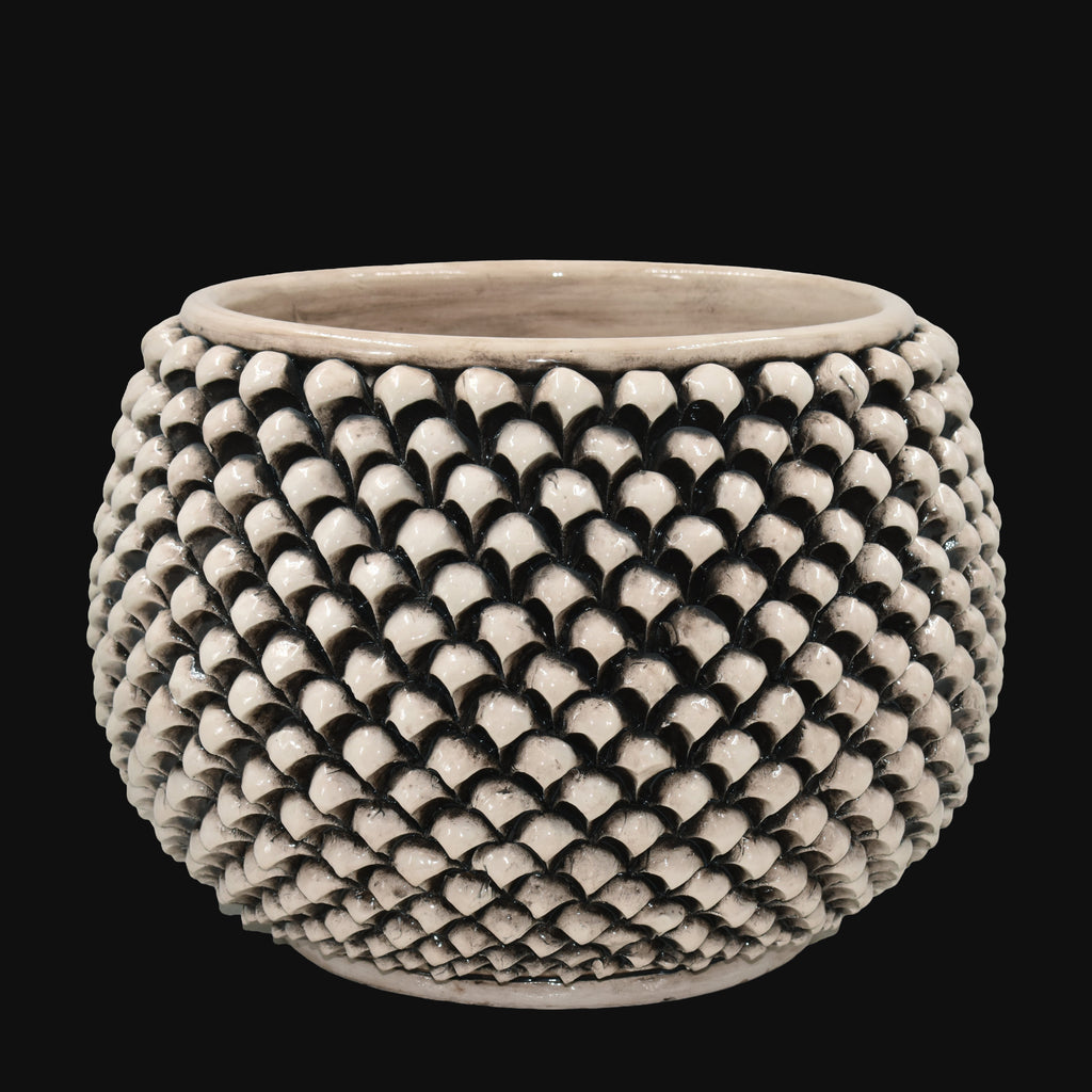 Vaso mezza pigna s/piede madreperla antichizzato in ceramica di Caltagirone