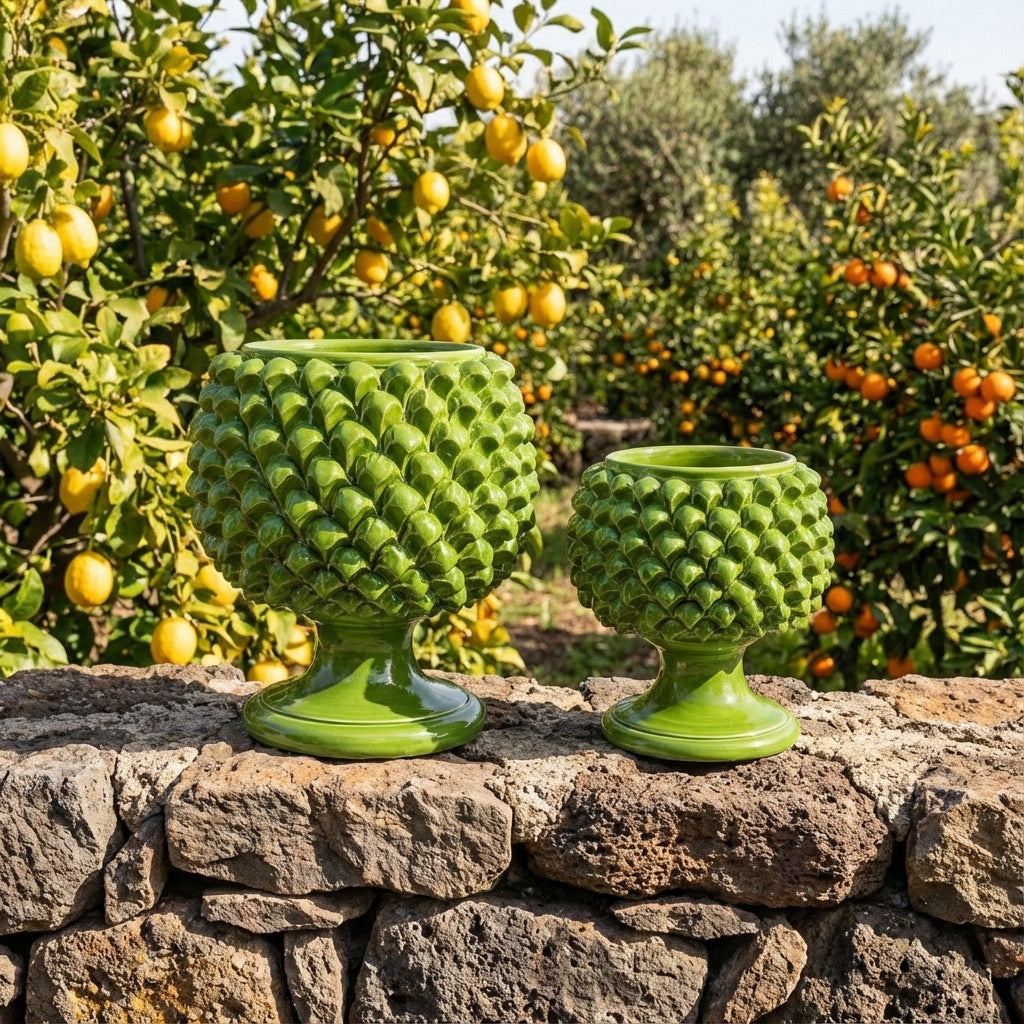 Vaso mezza pigna verde foglia in ceramica di Caltagirone